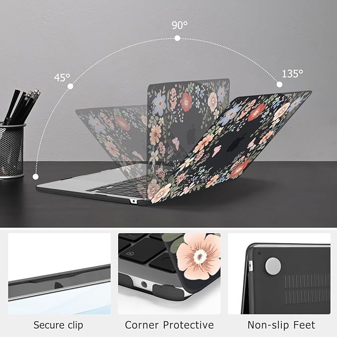 MOSISO Compatible with MacBook Air 13 inch Case M5 2026 M4 2025 M3 M2 2024-2022 A3449 A3240 A3113 A2681, Lush Floral Hard Shell&Keyboard Cover&Screen Protector for MacBook Air 13.6 inch Case, Black