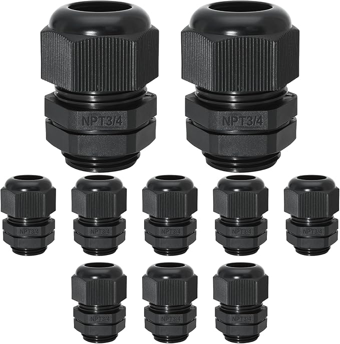 Bonsicoky 20 Pcs 3/4" NPT Nylon Cable Glands, IP68 Waterproof Adjustable Cord Grip Cable Connector Strain Relief Wire Protectors for 13-18mm Cable Diameter, Black