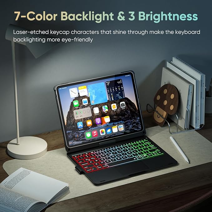 doqo Keyboard Case for iPad 11th (A16,2025) & iPad 10th (2022) 11-inch, 360° Rotating Wireless Keyboard with Multi-Touch Trackpad, 7-Color Backlit Slim Protective Cover (Black)