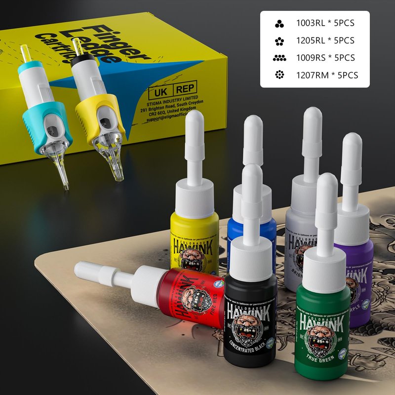 HAWINK Tattoo Pen Kit Rotary Gun Machine with Tattoo Power Supply 20Pcs Cartridge 7 inks 154KITP199-1