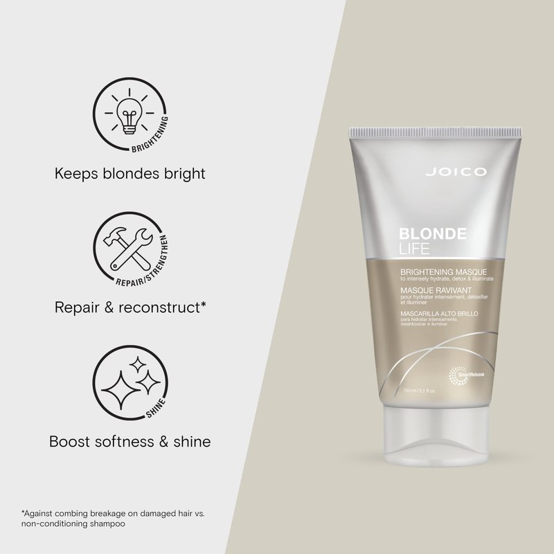 Joico Blonde Life Brightening Masque | For Blonde Hair | Instant Hydration | Neutralize Chlorine & Detoxify Hair | Add Softness & Smoothness | Sulfate Free | With Monoi & Tamanu Oil | 5.1 Fl Oz
