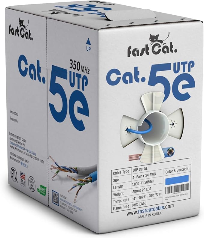 fast Cat. Cat5e Ethernet Cable 1000ft - ETL Listed 24 AWG, CMR, Insulated Bare Copper Wire Cat 5 ethernet Cable with FastReel - 350MHZ / Gigabit Speed UTP Cable Cat5e - CMR (Blue)