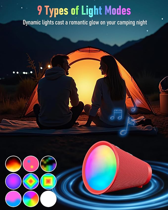 Gladorn Portable Bluetooth Speaker Wireless with 9 Color Lights, 20H Playtime, Stereo Pairing, Deep Bass, IPX6 Waterproof, Bluetooth 5.3, Small Speaker for Home, Party, Outdoor, Camping, Beach, Gift