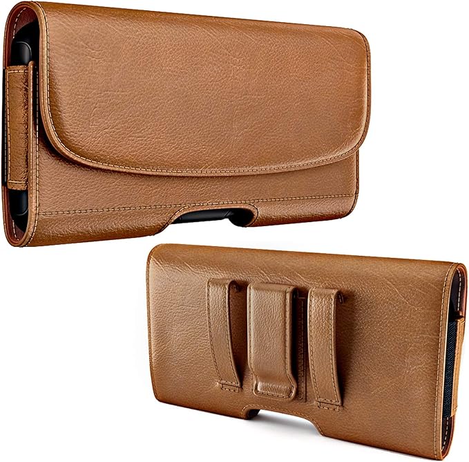 BOMEA Holster for iPhone 16 16e Pro 15 14 13 12 11 10 XR Xs X, Samsung Galaxy S25 S24 S23 5G - Cell Phone Belt Holder Case with Clip - ID Card Magnetic Pouch - Brown