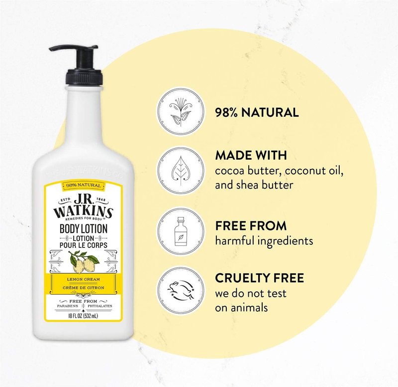 J.R. Watkins Daily Moisturizing Lotion – Body Cream in Pump Dispenser – Hydrating Skin Cream Made with Shea Butter, Cocoa Butter, Coconut Oil & Vitamin E, Lemon Cream, 18 fl oz