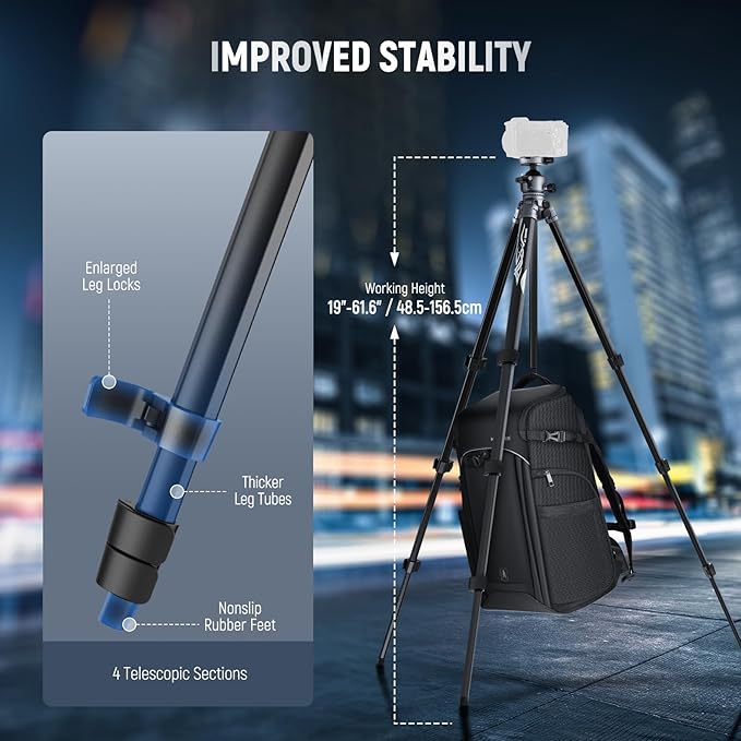 NEEWER LITETRIP LT07 61" Aluminum Travel Tripod Stand for Camera with Pan Tilt Low Profile Ball Head, Arca QR Plate Compatible with PD, Dual Center Axis, Max Load 22lb