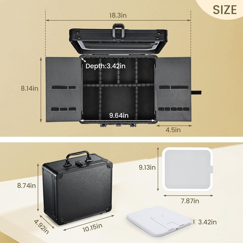 Makeup Organizer Case with Magnetic Lighted Mirror - Portable Vanity Box with LED Lighting, Lockable Keys & Dividers | Black