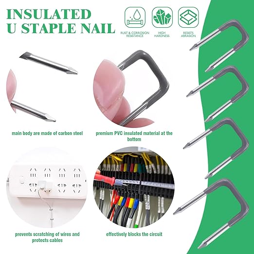 Yauhar 800Pcs 4mm 6mm 8mm 10mm J-Hook Ethernet Cable Nails Wire Clips with Steel Nails and 5/8" 3/4" 1/2" 1" Insulated U Staple Nail for Home Office Business