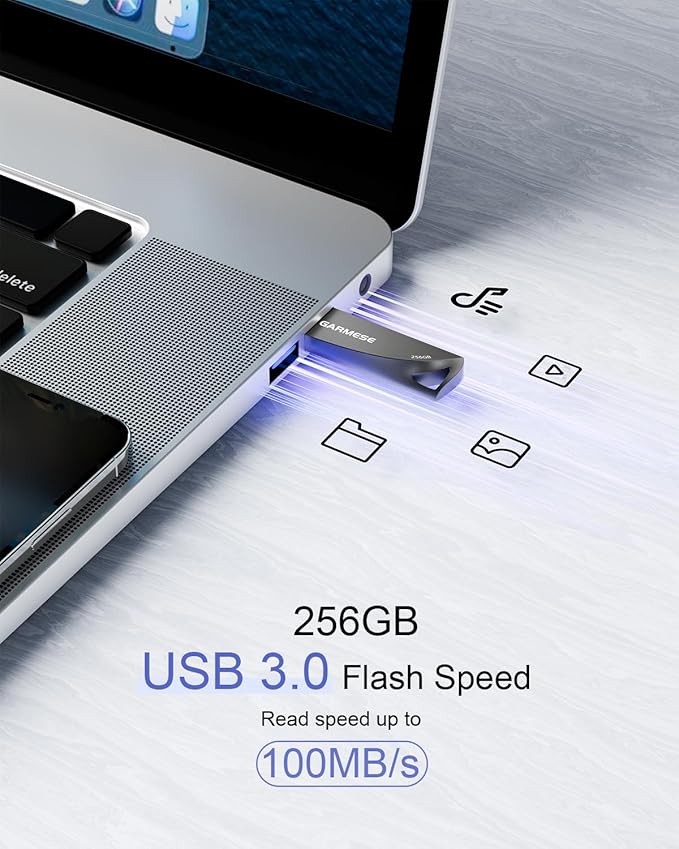 GARMESE 256GB USB 3.0 Flash Drive, Metal Waterproof USB Drive, Durable Slim Thumb Drive with Keychain, Plug & Play Memory Stick for PC, Laptop, Car Audio