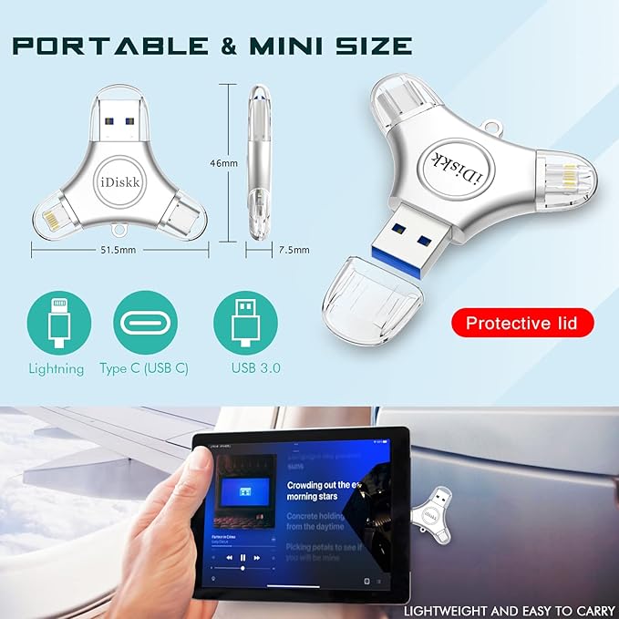 iDiskk 256GB MFi Certified USB Flash Drive for iPhone 14/15/16/17, USB C Photo Stick for iPad Pro Android Samsung, iPhone Memory Storage to auto Backup Videos/Photos/Files for iPhone/Android Phone/PC