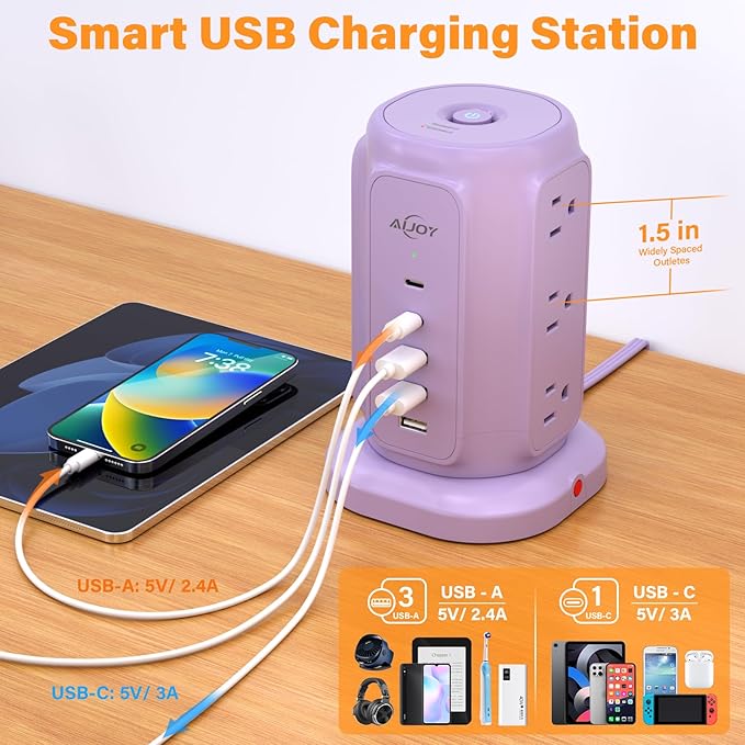 AiJoy Flat Plug Power Strip Tower with 9 AC Outlets and 5 USB Ports