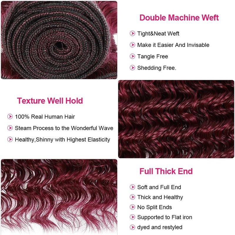 Deep Wave Human Hair Bundles - 14 Inch Wine Red #99J Burgundy Brazilian Virgin Hair | 3 Bundles, 50g Each