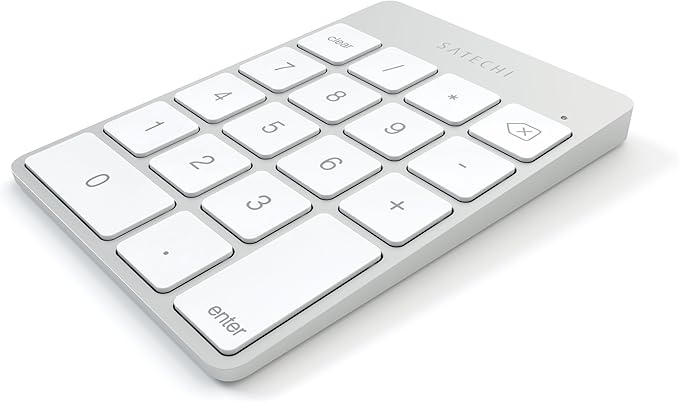 Satechi Slim Aluminum Bluetooth Keypad, Wireless Number Pad with 18 Keys, Micro USB Rechargeable Numpad, External Number Pad for MacBook Air/Pro/Neo, iPad Air/Pro, iMac, PC - Silver
