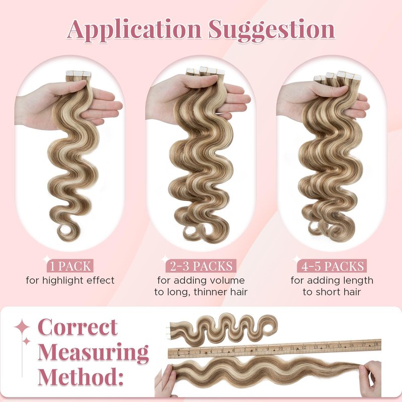 SEGOHAIR Wavy Tape In Hair Extensions Real Human Hair with Double-Sided Adhesive Professional Hair Extensions for Women 20pcs Body Wave 14 Inches #12P613 Golden Brown & Bleach Blonde