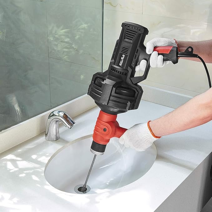 XtremepowerUS Handheld Portable Auto Feed Snake Drain Auger Corded Operated Unclog Sink Clog Pipe Cleaner Plumbing Power Tube 25' ft Cable