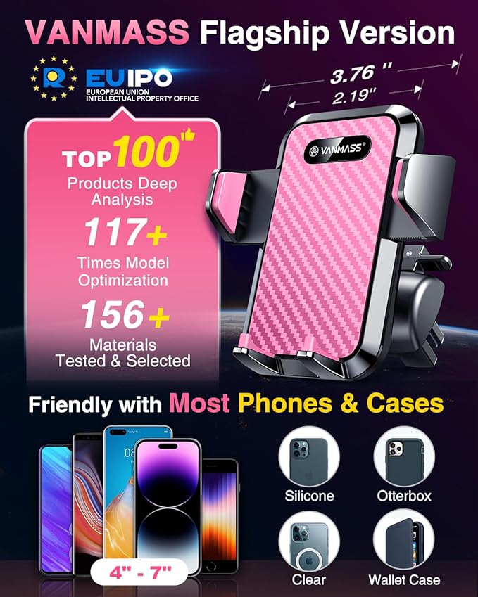 VANMASS Phone Holders for Your Car [Super Suction Cup] Cell Phone Mount Car Dashboard Windshield Vent Desk Fit for iPhone 17 Pro Max 16 15 14 Universal Handsfree Automobile Vehicle Cradle,Pink
