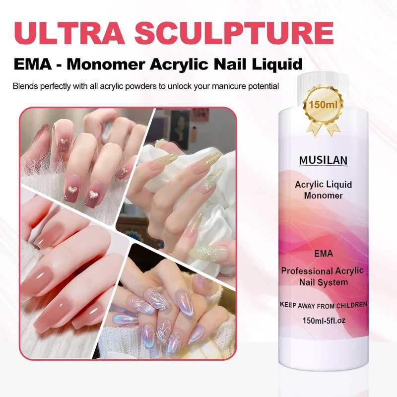 MUSILAN Monomer Acrylic Nail Liquid 150ML - Acrylic Liquid Monomer for Acrylic Powder Acrylic Nail Monomer with 3PCS Acrylic Brushes Size（8/10/14）For Acrylic Nails Extension Non-Yellowing