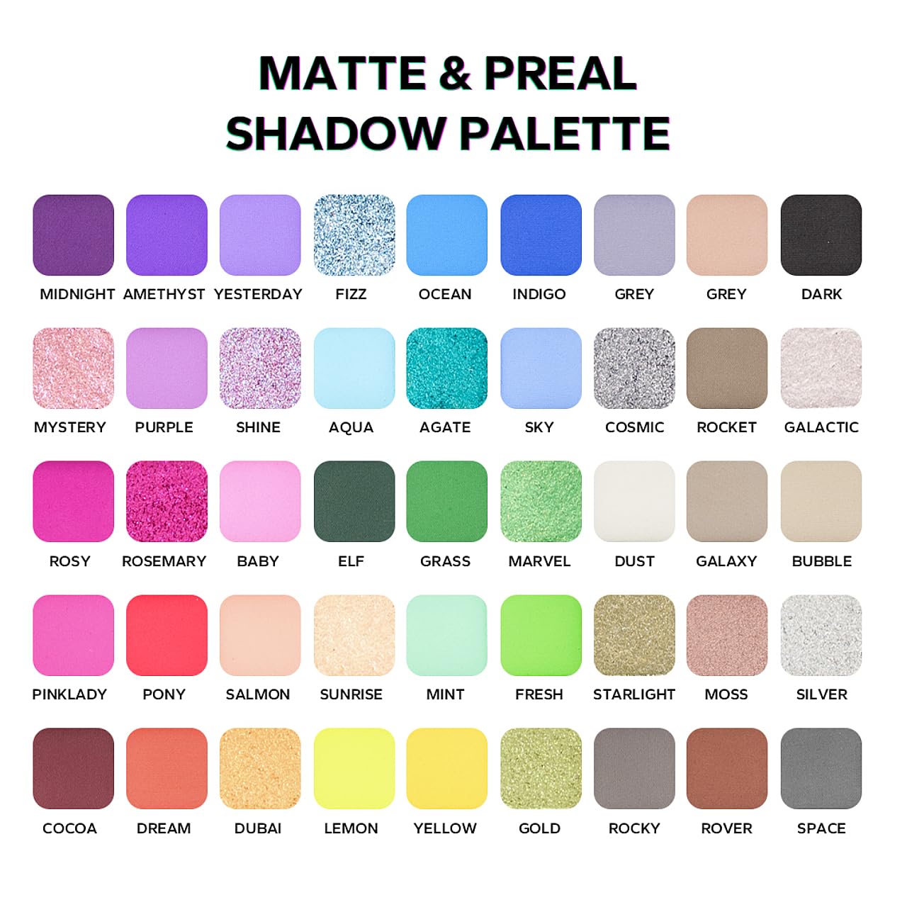 MYUANGO Bold Dimensions Eyeshadow Palette - 45 Shades of Matte, Shimmer, and Glitter in Purple, Green, Yellow, Pink, and Grey - High-Pigment, Long-Lasting, Waterproof - Blendable Formula