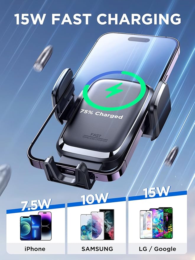 JOYROOM Wireless Car Charger, 15W Fast Charging Auto Clamping Car Phone Holder Charger, Air Vent Car Phone Holder Mount for iPhone 17/16/15 Pro Max Air, Galaxy S26/25 Ultra, Pixel 10 Pro and More