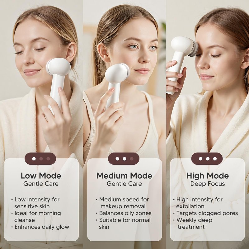 Electric Facial Cleansing Brush, Rechargeable Waterproof Dual Rotating Face Scrubber with 3 Interchangeable Heads, Soft Silicone Face Brush, White