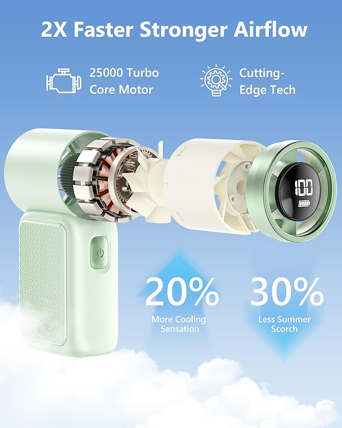 AGEYOU Portable Handheld Mini Fan, 6 Gear Wind, Hand Small Travel Personal Held Fans, Rechargeable Turbo Fan, Gifts for Women Men, for Camping Vacation Outdoor (green)