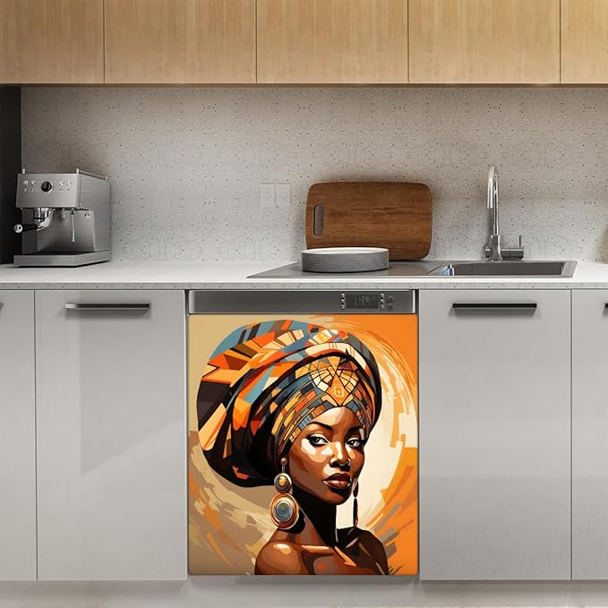 African Girls Dishwasher Magnet Cover Decorative Refrigerator Covers Magnetic Reusable Dishwasher Door Cover Kitchen Appliance Sticker Cover 23x26Inch
