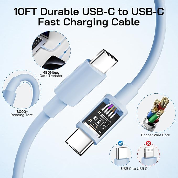 30W USB C i Phone 17 16 15 Charger Fast Charging, 2PACK Wall Charger for iPhone 16 15 Pro Max Charger Cord 10FT Fast Type C Block for iPhone 17 Pro Max/17 Air/16/15 Plus/15 Pro Max,i Pad Pro, Blue