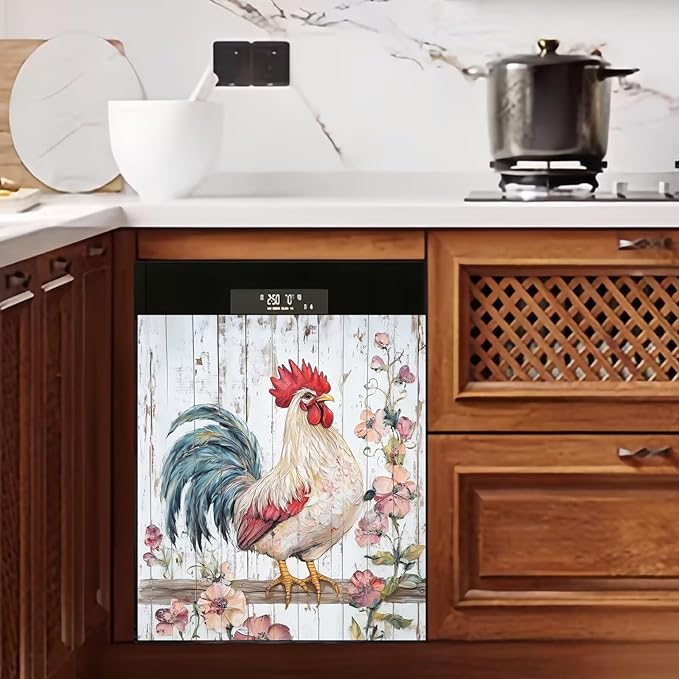 Generic Country Rooster Dishwasher Magnet Cover, Rustic Flowers Magnetic Refrigerator Panel Decals Farmhouse Chicken Floral Decorative Wood Grain Magnet Stickers Home Seasons Decor,23x26 in