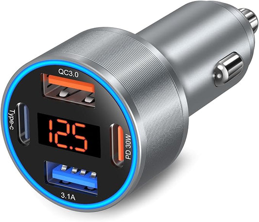 Car Charger USB C, 65W Dual 12V Car USB Charger Multiport with Voltage Display PD/QC 3.0 Super Fast Charge Cigarette Lighter Adapter for iPhone 17 16 15 14 13 12 Pad Pro Air(Gray)