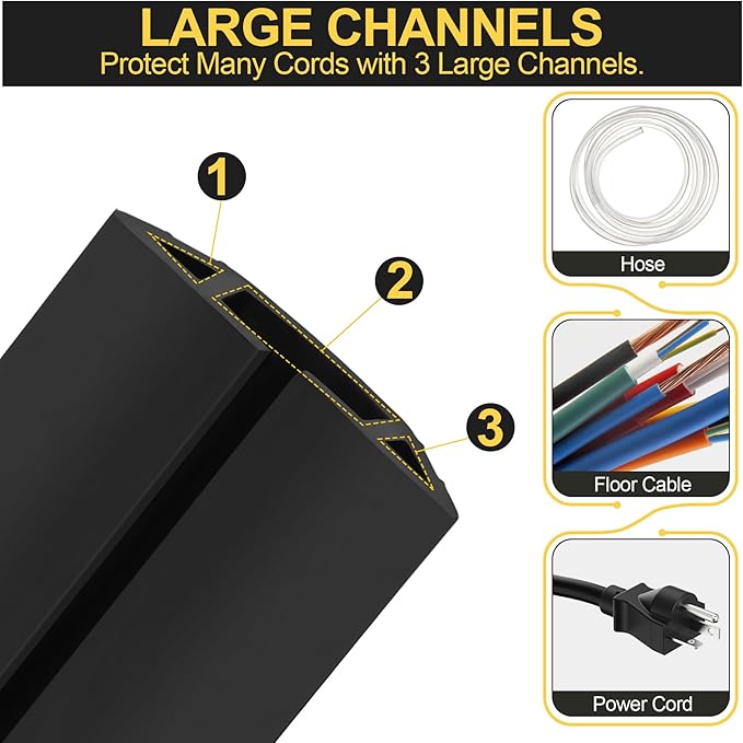 MYFAMIREA 4FT Floor Cord Cover Heavy Duty Cable Cover Protector with 3 Channels Extension PVC Floor Wire Cover Outdoor Cord Hider Management Cord Cover for Wire on Floor for Home Office Outdoor, Black