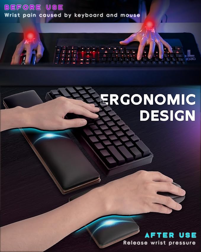 ASFSKY RGB Keyboard and Mouse Wrist Rest Set for 60%-75% Compact Keyboards – Ergonomic Wooden Support Pad with PU Leather & Memory Foam, Anti-Slip Rubber Base for Gaming, Office & Typing Pain Relief