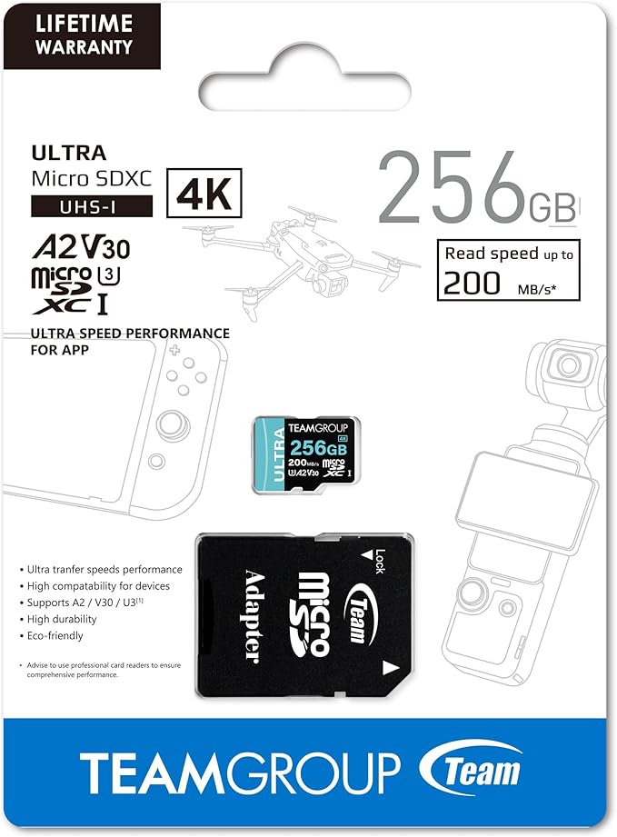 TEAMGROUP A2 Ultra Card 256GB MicroSDXC UHS-I U3 A2 V30, R/W up to 200/150MB/s for Nintendo-Switch1, Steam Deck, Gaming Devices, Tablets, Smartphones, 4K Shooting, with Adapter TULMSDX256GIA2V3022503