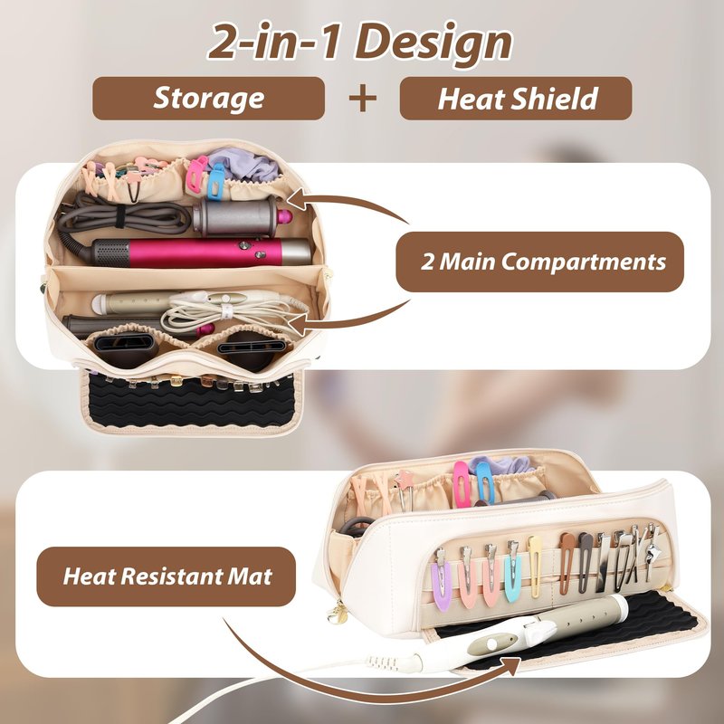 Linpr Hot Hair Tools Travel Bag with Heat Resistant Silicone Mat, 2 in 1 Hair Dryer Storage Bags, Women Travel Essentials Organizer Case for Curling Irons, Straighteners, Hot Air Brushes (White)