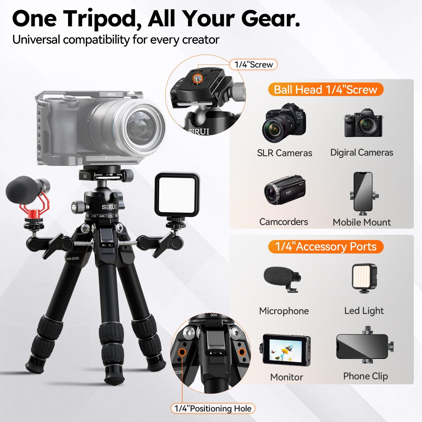 SIRUI Aluminum Alloy Desktop Tripod, 1.9lbs Mini Lightweight Tripod with Low-Profile Ball Head, Compact Design, 33lbs Load, 16.7" Max Height, for DSLR, Mirrorless Camera, Phone, Vlogging