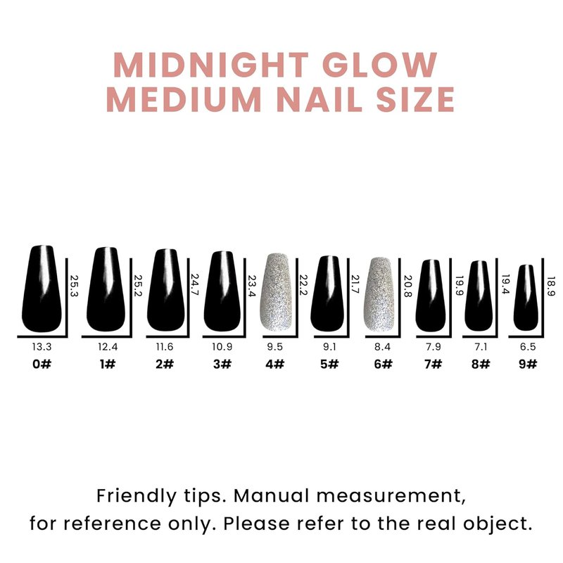 Press On Nails - Midnight Black Medium Long Tapered Ballerina | 20 Pcs Coffin Nail Kit with Glue, 10 Sizes