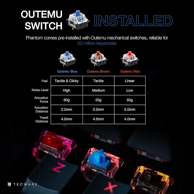 TECWARE Phantom 87 Key RGB Mechanical Gaming Keyboard | Outemu Blue Switch | 16.8M Color LED Lighting | 18 Pre-Set | Low Latency | N-Key Rollover | Software Customizable Keys | Wired USB Connection