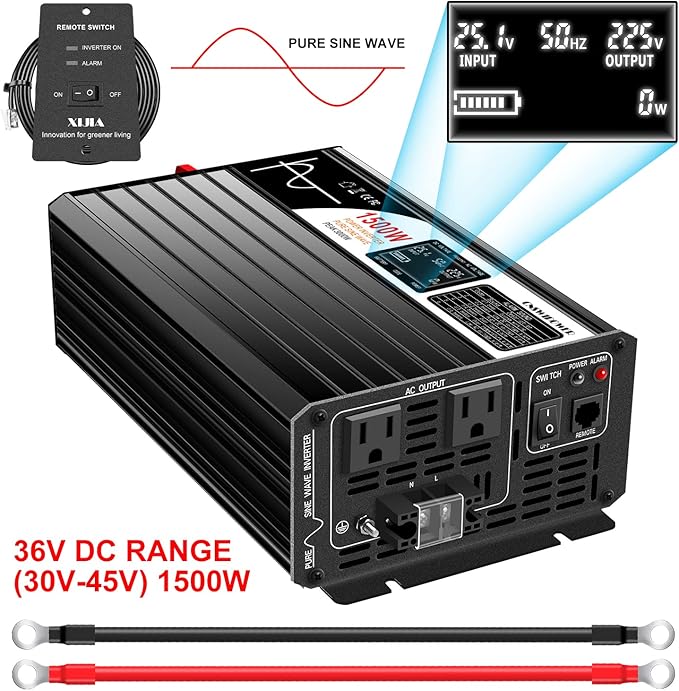 Xijia 1500W Power Inverter，36V to 120V Pure Sine Wave Inverter，Surge 3000W Solar Converter for Home Backup Solar Systems ，with Remote Control for Truck