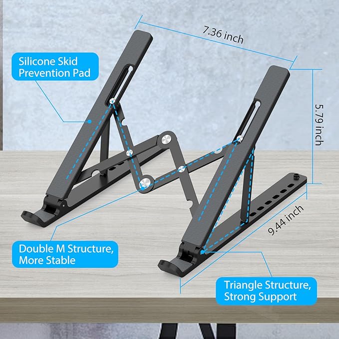 Gogoonike Adjustable Laptop Stand, Portable Laptop Riser for Desk, ABS+Silicone Foldable Ventilated Cooling Notebook Holder Stand for 10-15.6” Laptops, Tablets