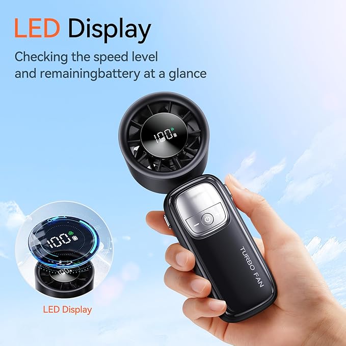 KIMMOO 3-in-1 Portable Handheld Turbo Fan-100 Speeds, 15000 RPM, 10Hrs Cooling, LED Display, 90° Rotation, Small Travel Fan, Mini Foldable Hand Held Personal Fan for Women Men (Black)
