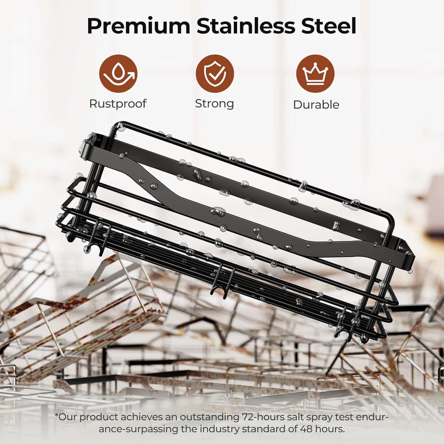 Orimade Shower Caddy - Wall-Mounted Bathroom Organizer with 5 Hooks | No Drilling, SUS304 Stainless Steel - 3 Pack, Black