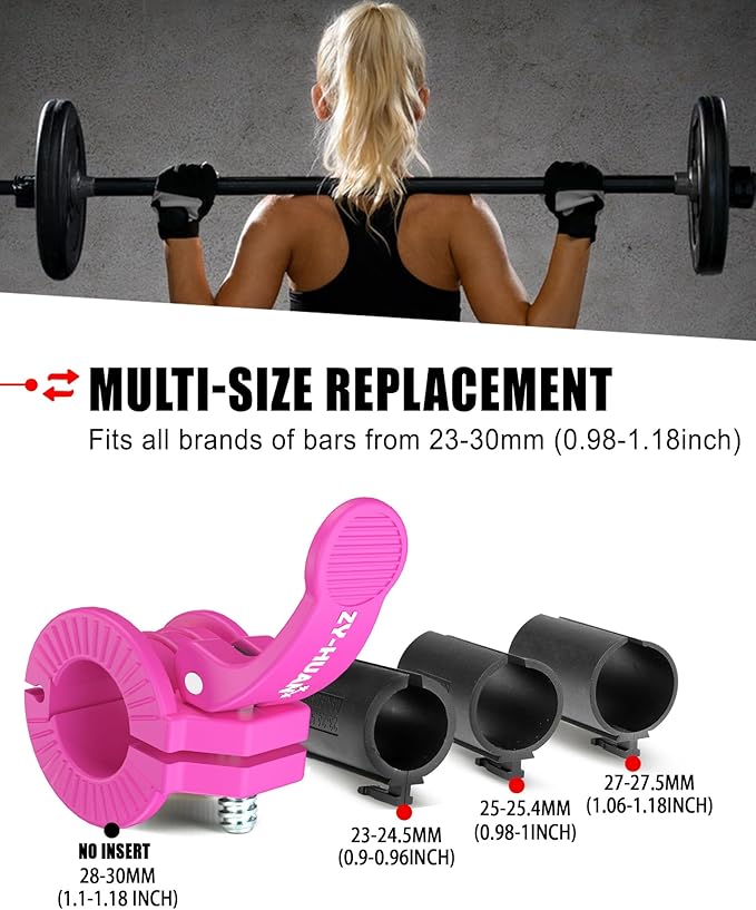 ZY-HUAN Pro Barbell Clips 1 inch Barbell Clamps 0.9-1.18inch Quick Release Weight Clips for Bars Multi-Size Adjustable Olympic Barbell Clamps (Rose)