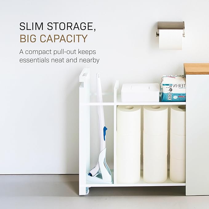 Yamazaki Home Pull-Out Bathroom Storage Cabinet – Slim Bathroom Storage Cabinet with Wood Top, Steel Organizer for Toilet Paper and Cleaning Supplies, Modern Space-Saving Design, White - Steel + Wood