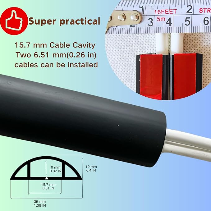 BEIEBIJOB Self Adhesive Floor Cord Cover, Cable Protector, 10ft, Black