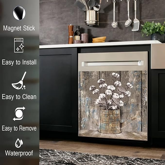 Vintage Wood Dishwasher Cover Kitchen Decorative,Rustic Wooden Dishwasher Magnet Cover Decor Cotton Flower Sticker,Retro Farm Floral Dishwasher Decal Home Appliance Panel Stickers 23"x17"