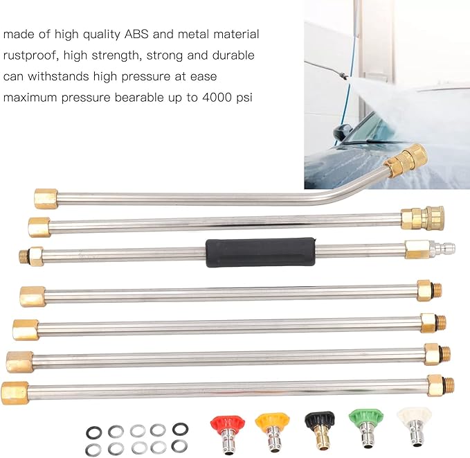 High Pressure Power Washer Extension Wand Set 4000PSI Gutter Cleaning Tool with 5 Nozzle Tips for Car Driveway Roof Deck ABS Metal Rustproof Strong Durable