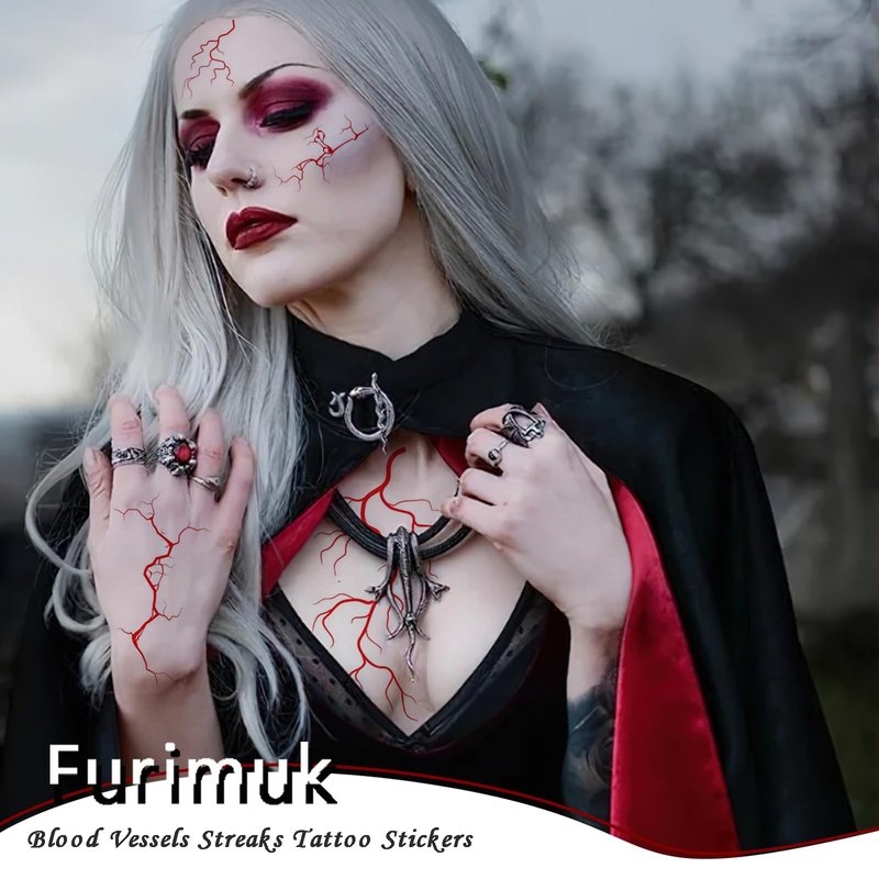 6 Sheets Halloween Face Tattoos Blood Vessels Streaks Tattoo Stickers for Vampire Zombie Makeup Kit, Scary Temporary Tattoo Make Up Cosplay Decorations (Red)