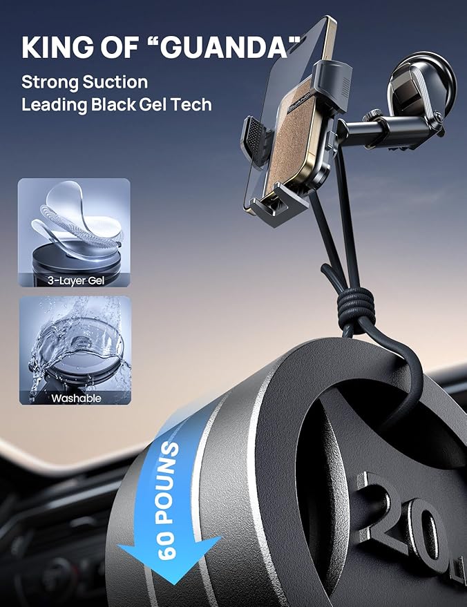 Guanda Car Phone Holder Mount with Air Vent Hook, Military Grade Stable, 360 Rotatable Suction Cup for Dashboard Windshield, Truck Cradle Stand Compatible with iPhone 17 16 Pro Max Samsung All Phones