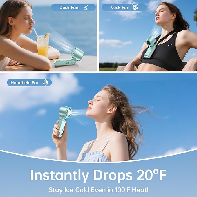 Coolhill Pro Handheld Portable Fan with Ice Cooler: 199-Speed 5500mAh Rechargeable Handheld Fan, 12H Time Hand Cooling Personal Fans with 20000 RPM Air Turbo Tech for Travel Outdoor (Green)