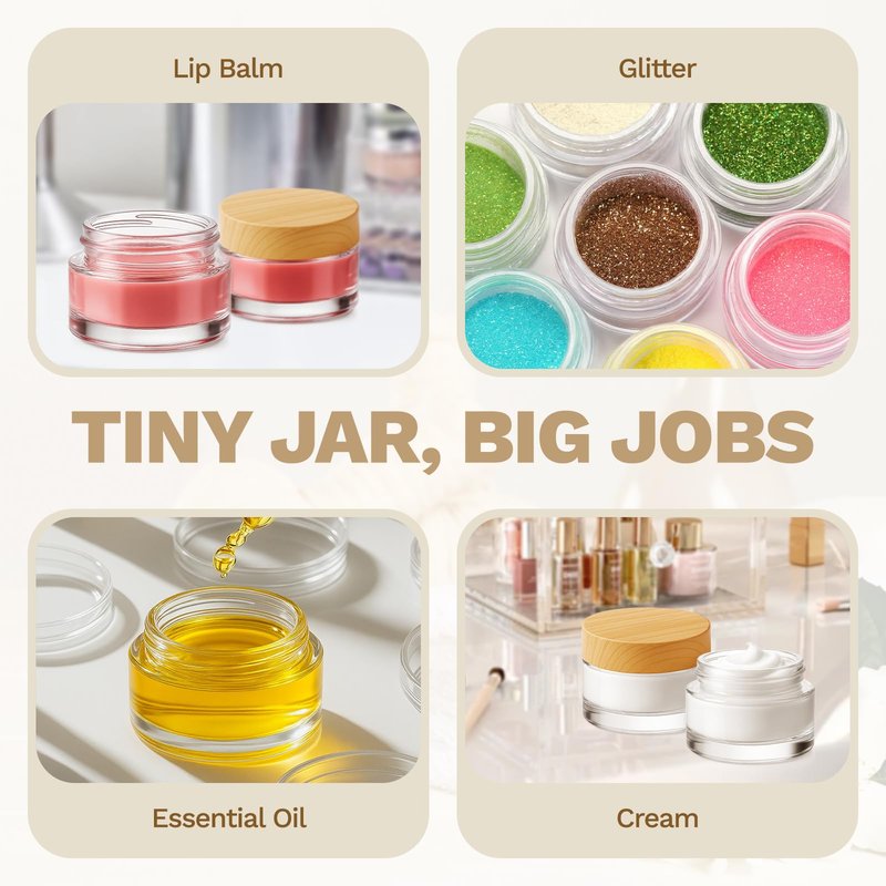Bumobum 48 Pcs 5 Grams Glass Cosmetic Jars with Plastic Wood-Grain Lids, 5 ml Lip Balm Containers Empty Tiny Sample Jars for Lip Scrub Makeup Eye Cream Travel