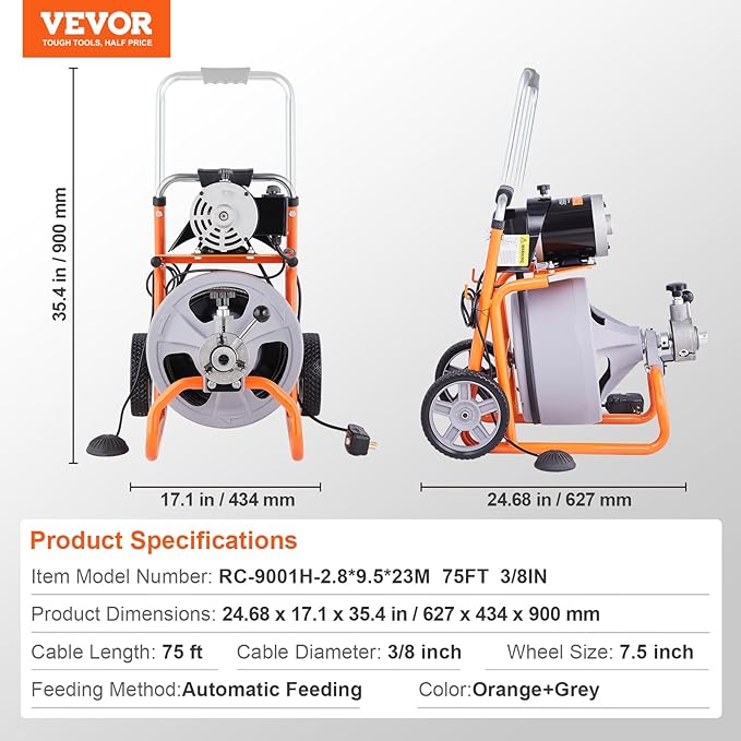 VEVOR Drain Cleaner Machine 75FT x 3/8 Inch, Auto Feed Sewer Snake Drain Auger on Wheels, Portable Drain Cleaning Machine with 8 Cutters & Air-activated Foot Switch for 2" to 4" Pipes
